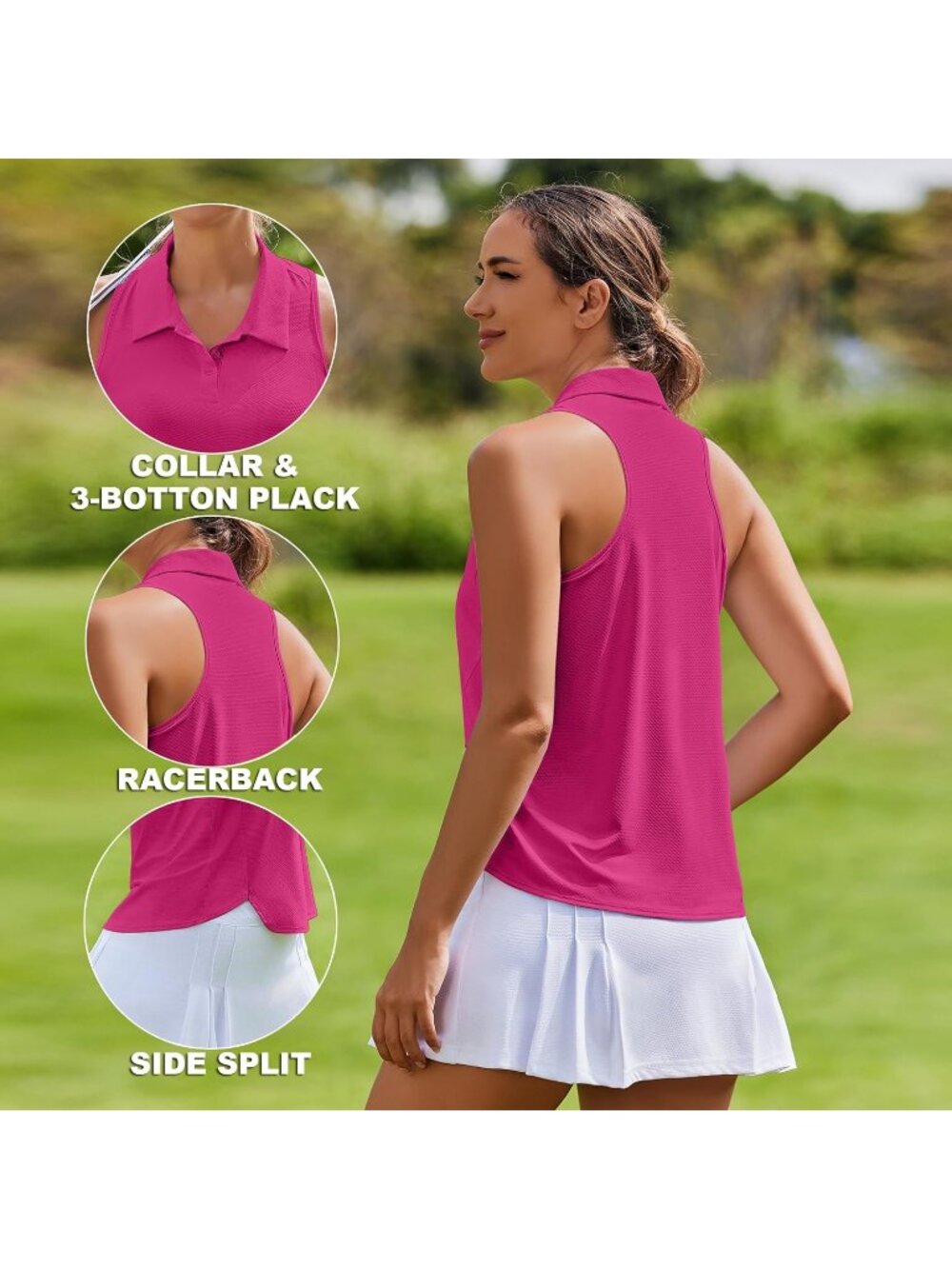 Women's Hot Pink Sleeveless Golf Shirt UPF50+ Tennis Polo Racerback Top - Picture 5 of 6